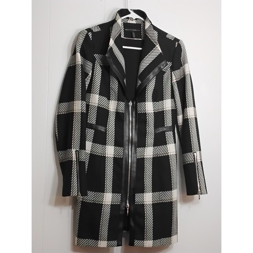 White House Black Market Spring COAT Zip JACKET Size XS PLAID FAUX LEATHER TRIM